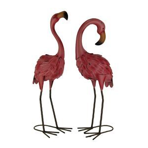 Set of 2 Decorative Metal Pink Flamingo Yard Statues